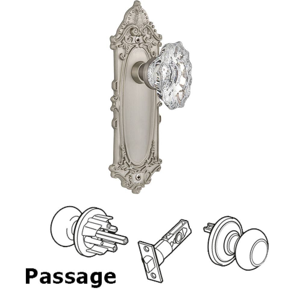 Full Passage Set Without Keyhole - Victorian Plate with Chateau Crystal Knob in Satin Nickel