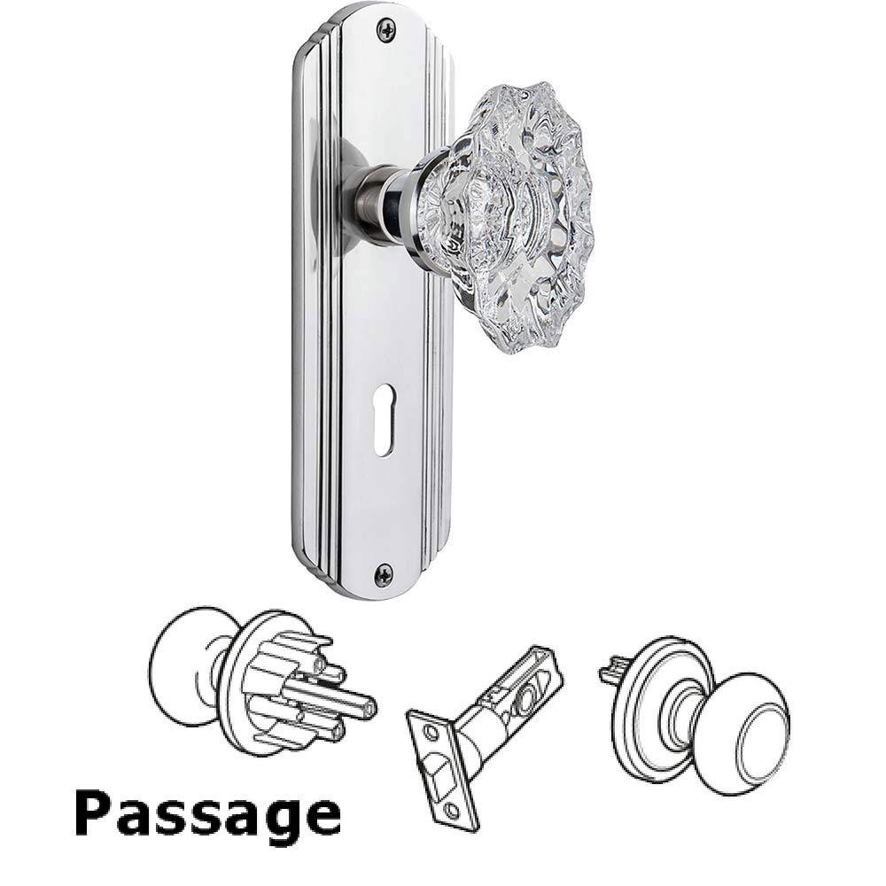 Full Passage Set With Keyhole - Deco Plate with Chateau Crystal Knob in Bright Chrome