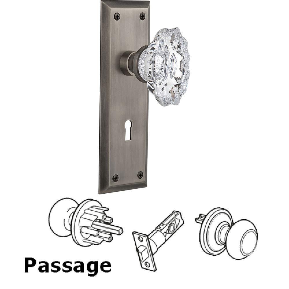 Full Passage Set With Keyhole - New York Plate with Chateau Crystal Knob in Antique Pewter