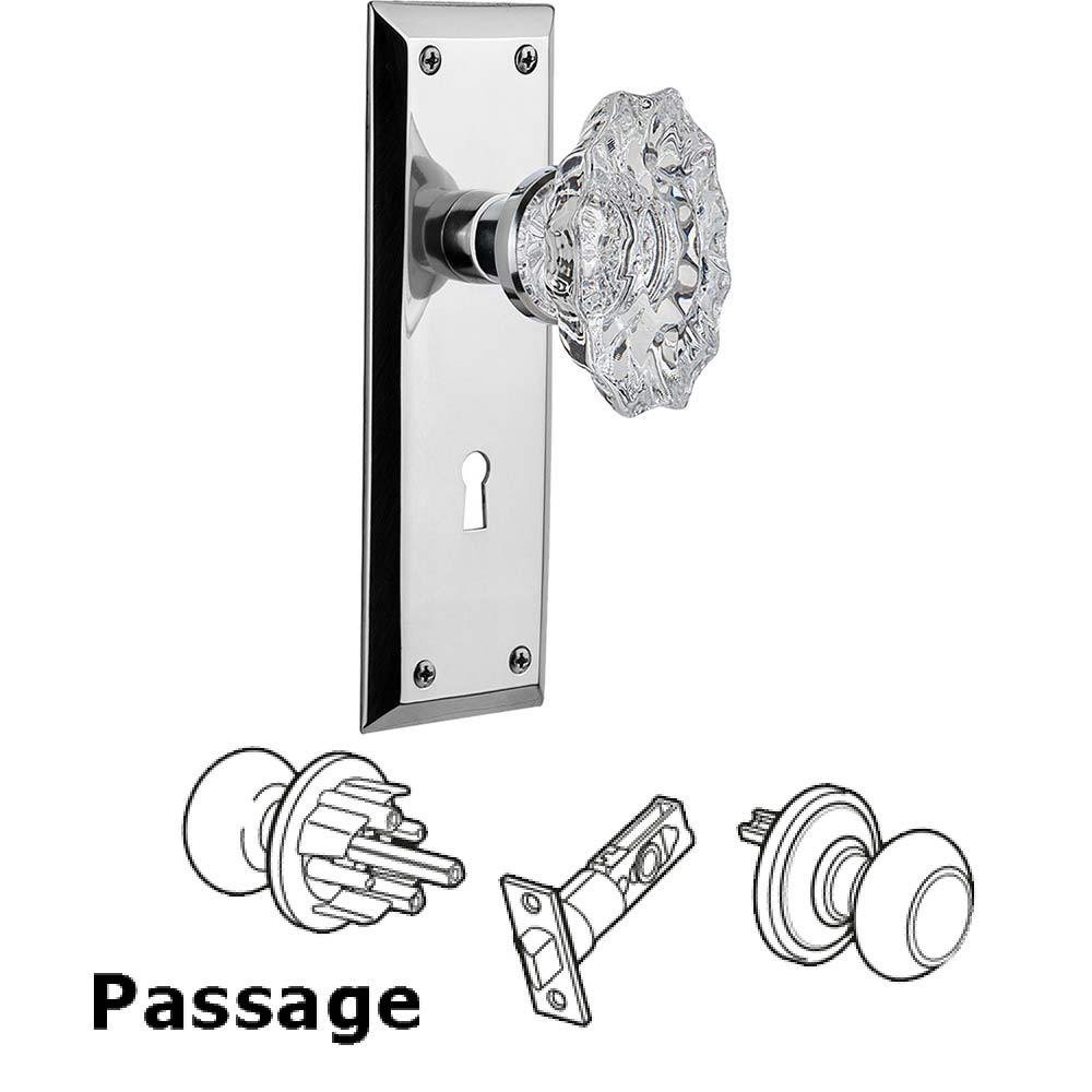 Full Passage Set With Keyhole - New York Plate with Chateau Crystal Knob in Bright Chrome