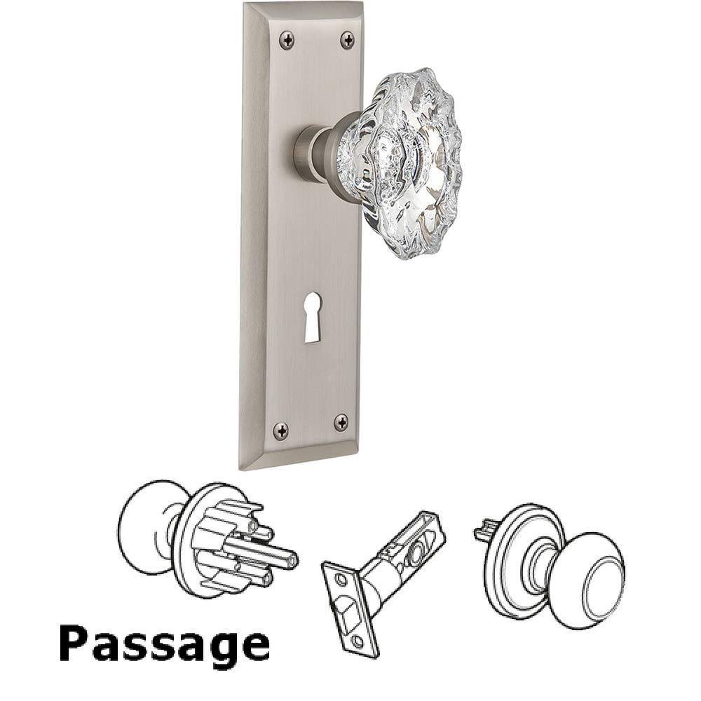 Full Passage Set With Keyhole - New York Plate with Chateau Crystal Knob in Satin Nickel