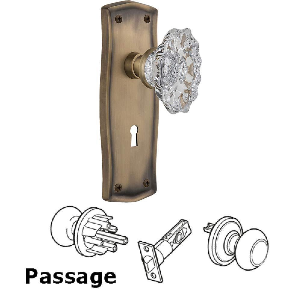 Full Passage Set With Keyhole - Prairie Plate with Chateau Crystal Knob in Antique Brass
