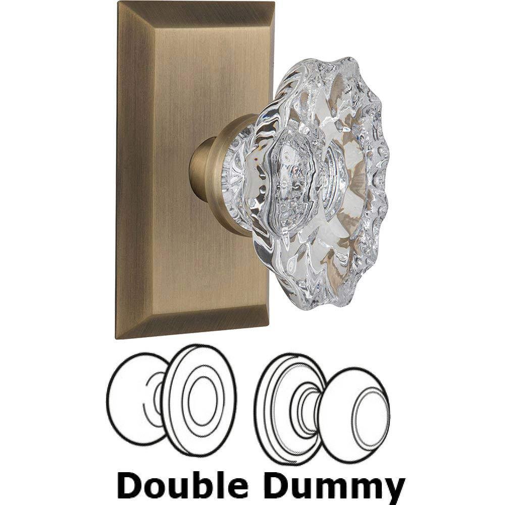 Double Dummy Set Without Keyhole - Studio Plate with Chateau Crystal Knob in Antique Brass