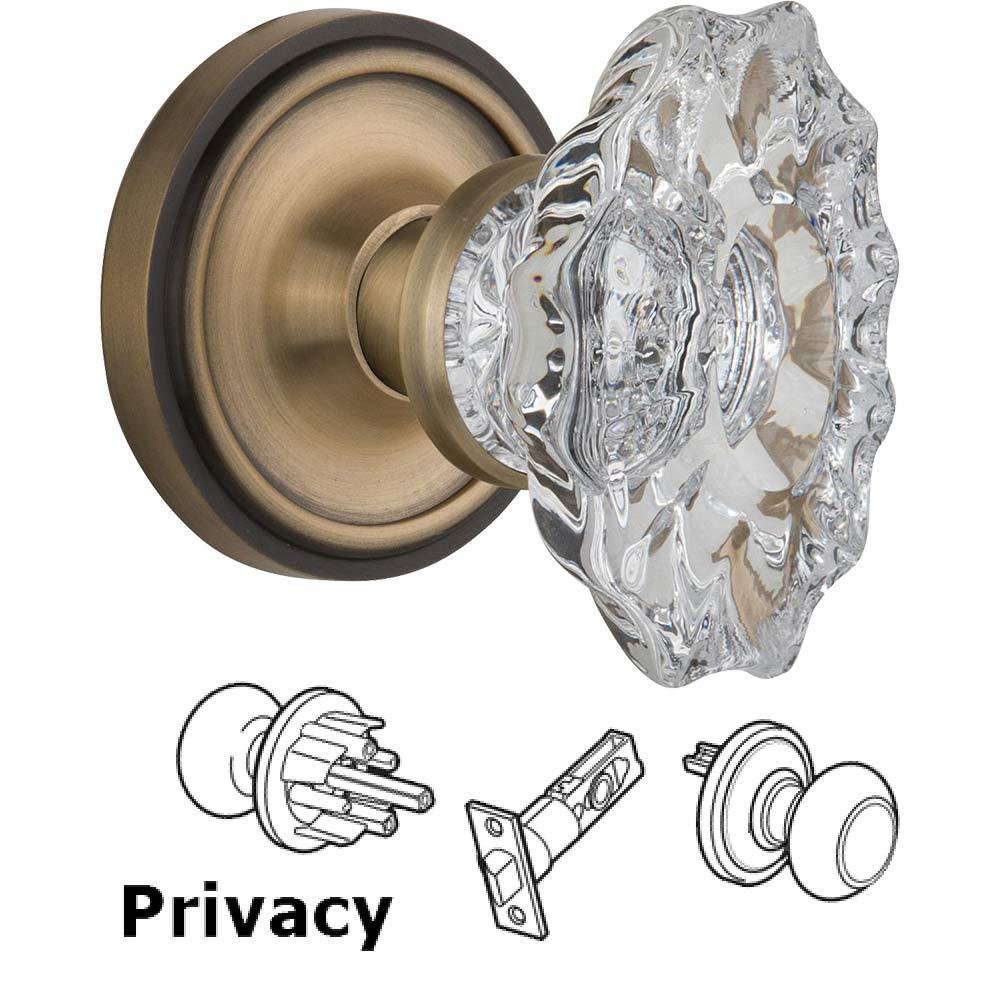 Complete Privacy Set Without Keyhole - Classic Rosette with Chateau Crystal Knob in Antique Brass