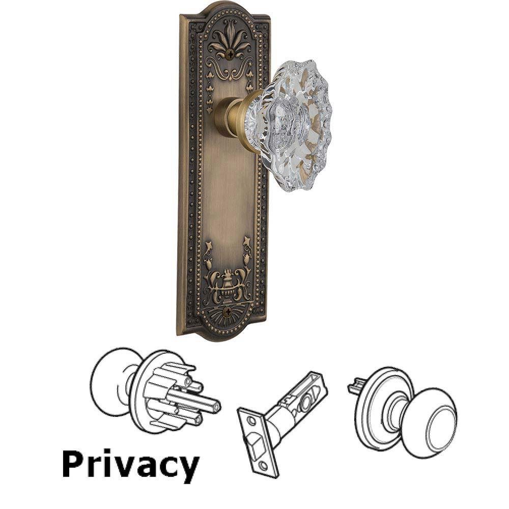 Complete Privacy Set Without Keyhole - Meadows Plate with Chateau Crystal Knob in Antique Brass