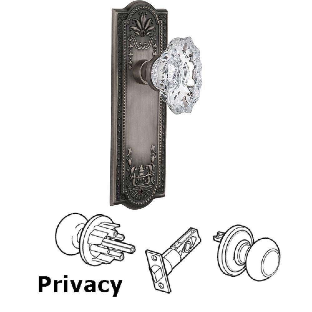 Complete Privacy Set Without Keyhole - Meadows Plate with Chateau Crystal Knob in Antique Pewter