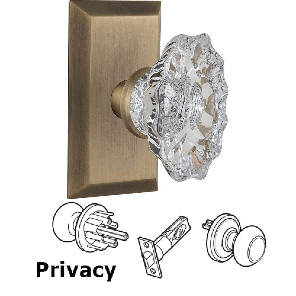 Complete Privacy Set Without Keyhole - Studio Plate with Chateau Crystal Knob in Antique Brass