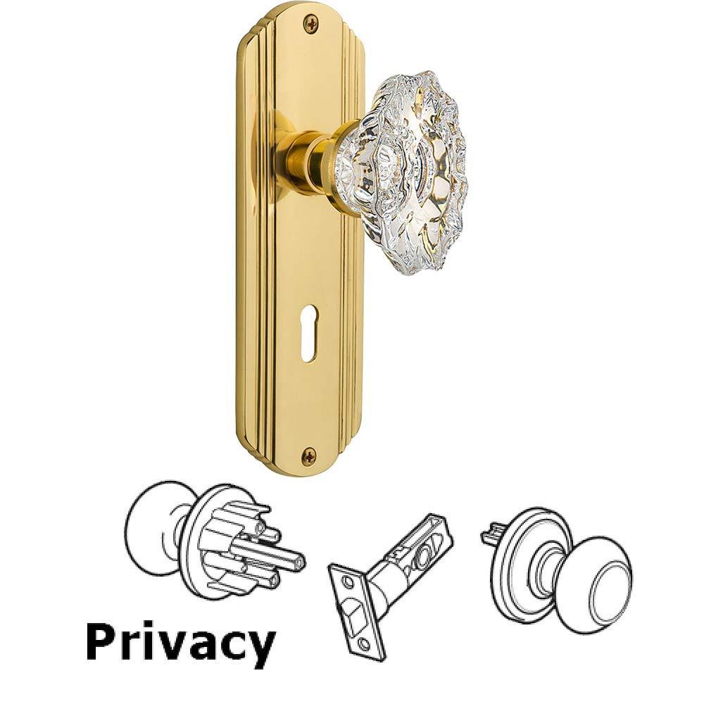 Complete Privacy Set With Keyhole - Deco Plate with Chateau Crystal Knob in Polished Brass