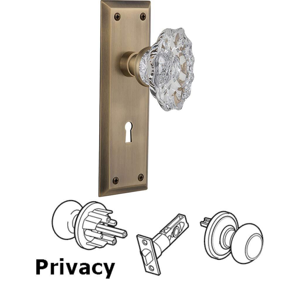 Complete Privacy Set With Keyhole - New York Plate with Chateau Crystal Knob in Antique Brass