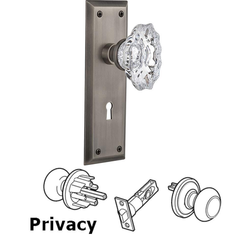 Complete Privacy Set With Keyhole - New York Plate with Chateau Crystal Knob in Antique Pewter