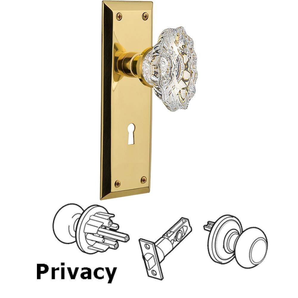 Complete Privacy Set With Keyhole - New York Plate with Chateau Crystal Knob in Polished Brass