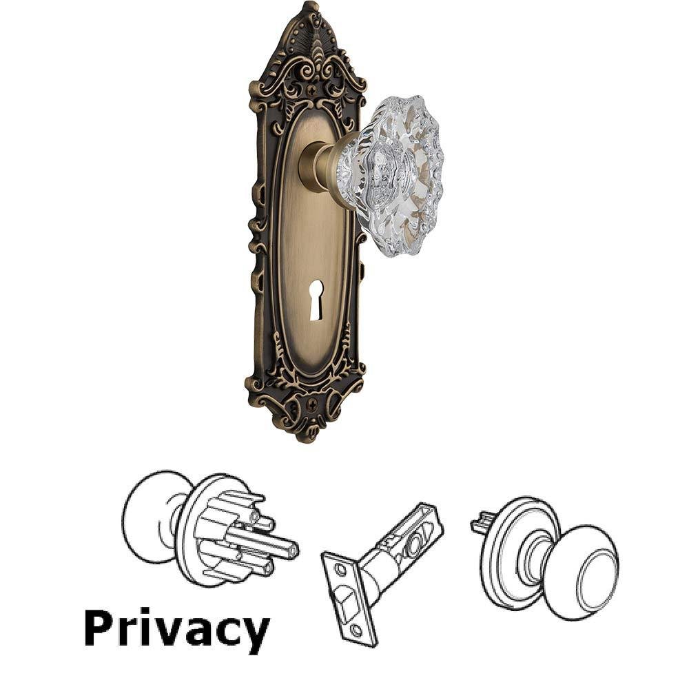 Complete Privacy Set With Keyhole - Victorian Plate with Chateau Crystal Knob in Antique Brass