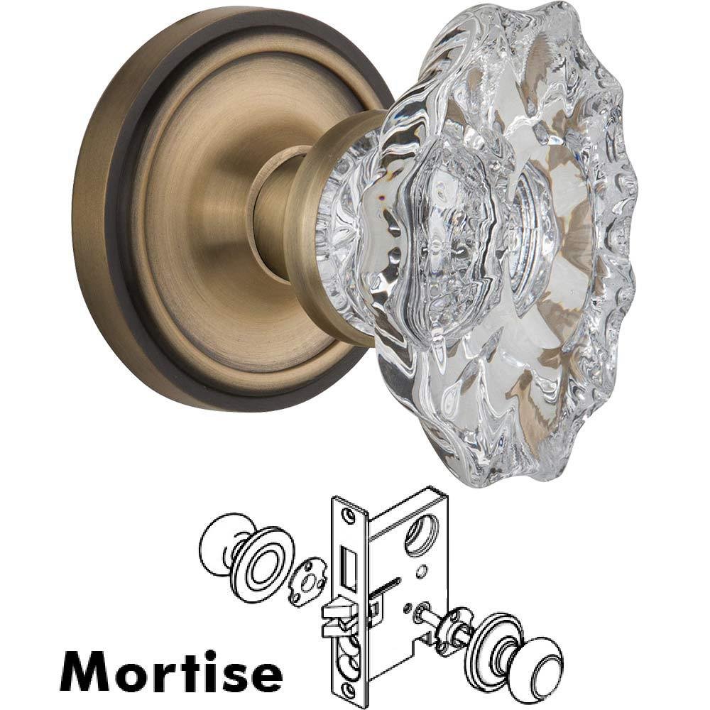 Complete Mortise Lockset - Classic Rosette with Chateau Crystal Knob in Antique Brass