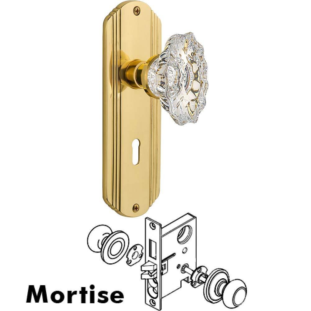 Complete Mortise Lockset - Deco Plate with Chateau Crystal Knob in Polished Brass