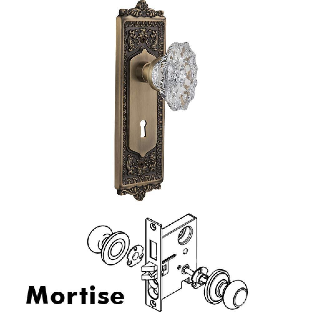 Complete Mortise Lockset - Egg & Dart Plate with Chateau Crystal Knob in Antique Brass