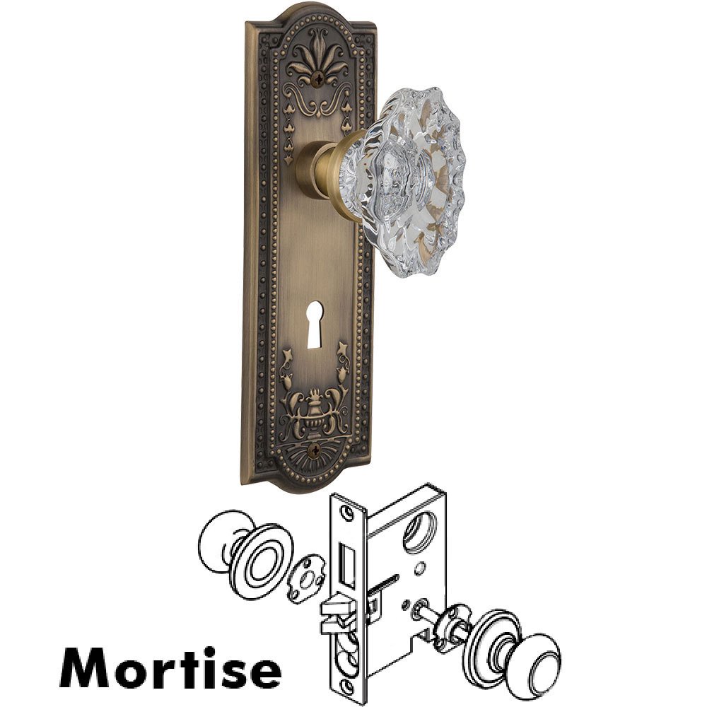 Complete Mortise Lockset - Meadows Plate with Chateau Crystal Knob in Antique Brass