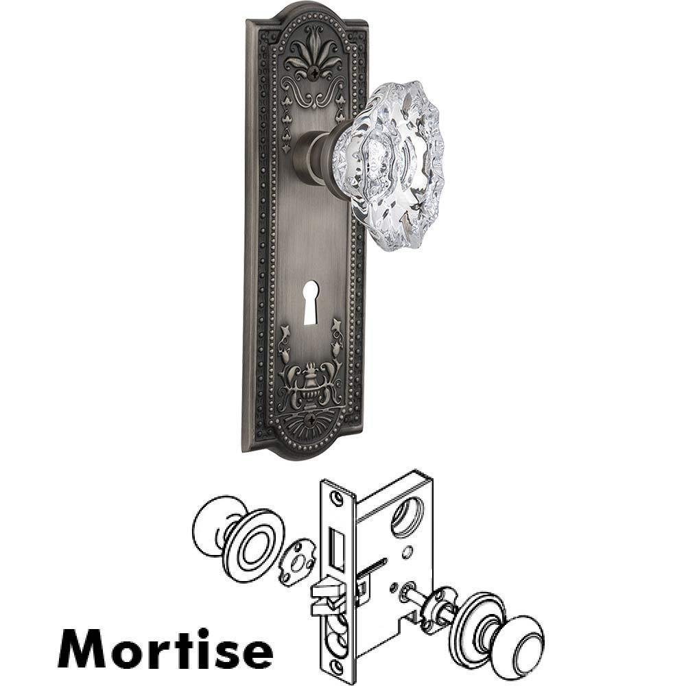 Complete Mortise Lockset - Meadows Plate with Chateau Crystal Knob in Antique Pewter