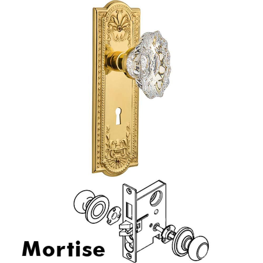 Complete Mortise Lockset - Meadows Plate with Chateau Crystal Knob in Polished Brass