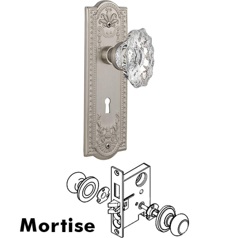 Complete Mortise Lockset - Meadows Plate with Chateau Crystal Knob in Satin Nickel
