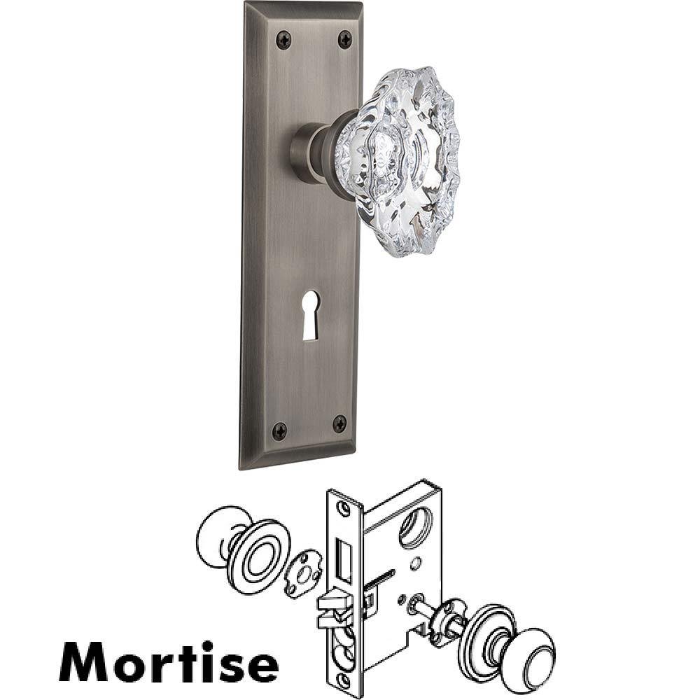 Complete Mortise Lockset - New York Plate with Chateau Crystal Knob in Antique Pewter