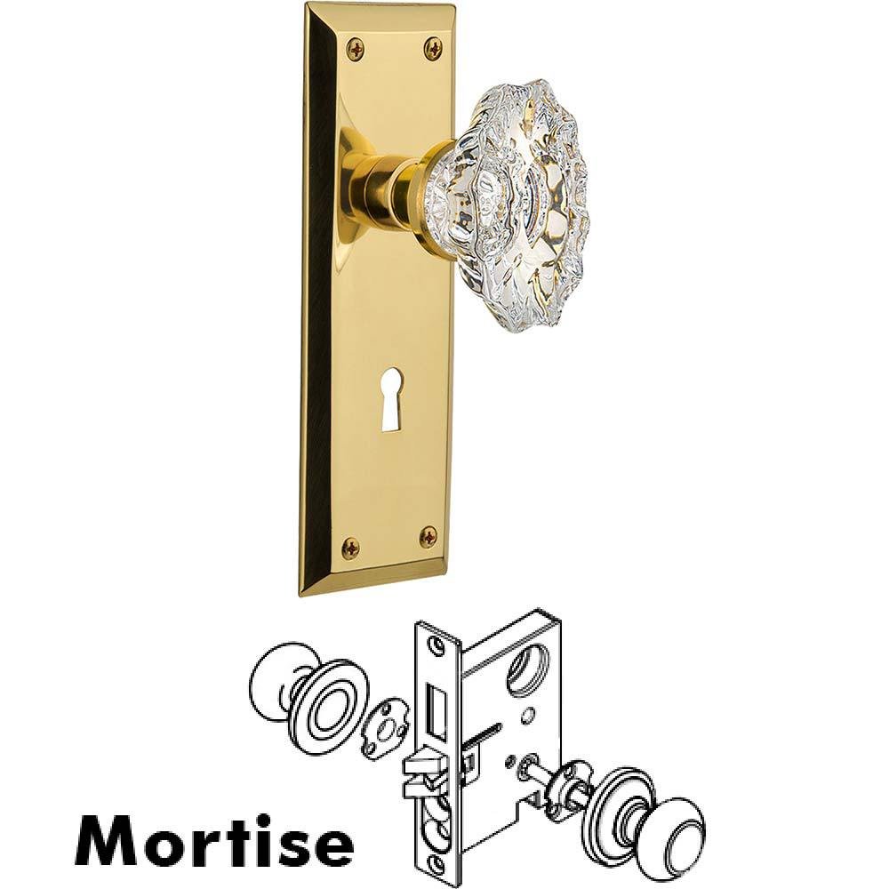 Complete Mortise Lockset - New York Plate with Chateau Crystal Knob in Polished Brass
