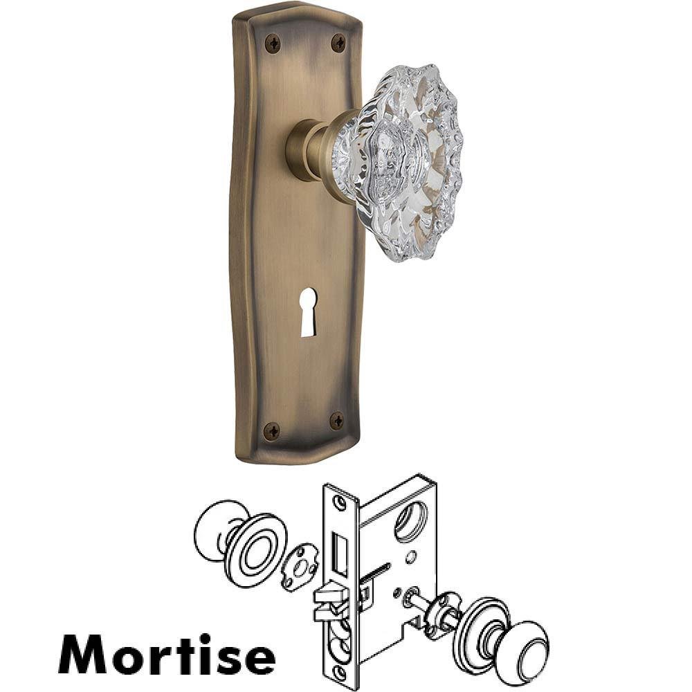 Complete Mortise Lockset - Prairie Plate with Chateau Crystal Knob in Antique Brass