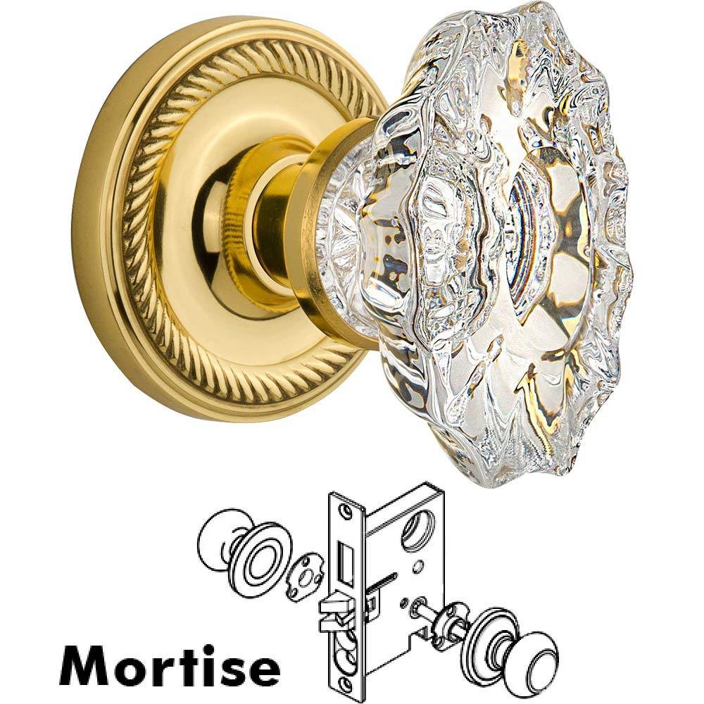 Complete Mortise Lockset - Rope Rosette with Chateau Crystal Knob in Polished Brass