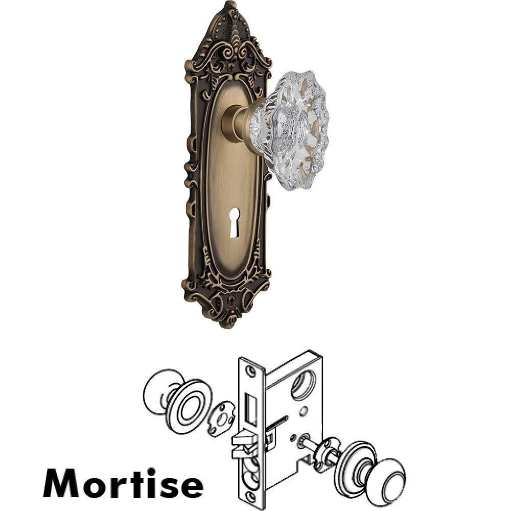 Complete Mortise Lockset - Victorian Plate with Chateau Crystal Knob in Antique Pewter