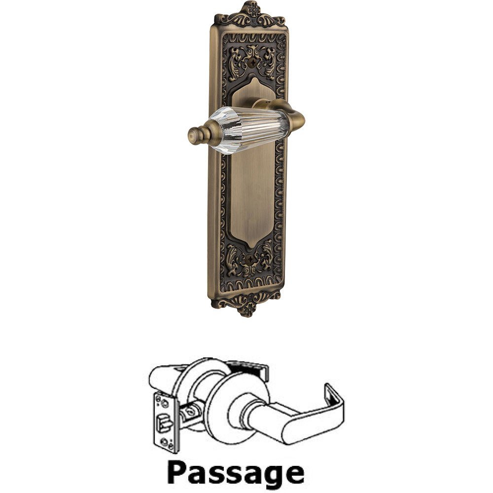 Full Passage Set Without Keyhole - Egg & Dart Plate with Parlor Crystal Lever in Antique Brass