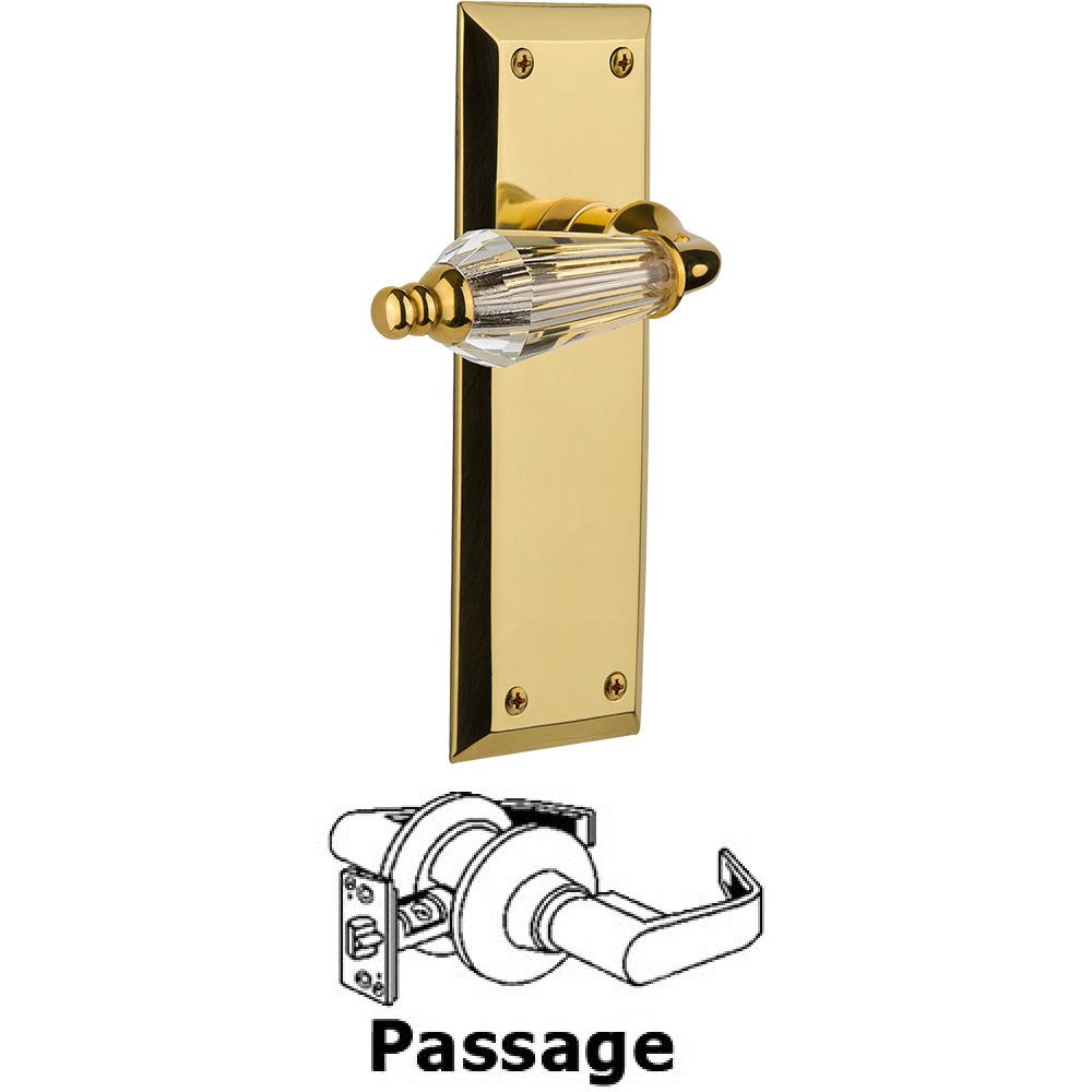 Full Passage Set Without Keyhole - New York Plate with Parlor Crystal Lever in Polished Brass