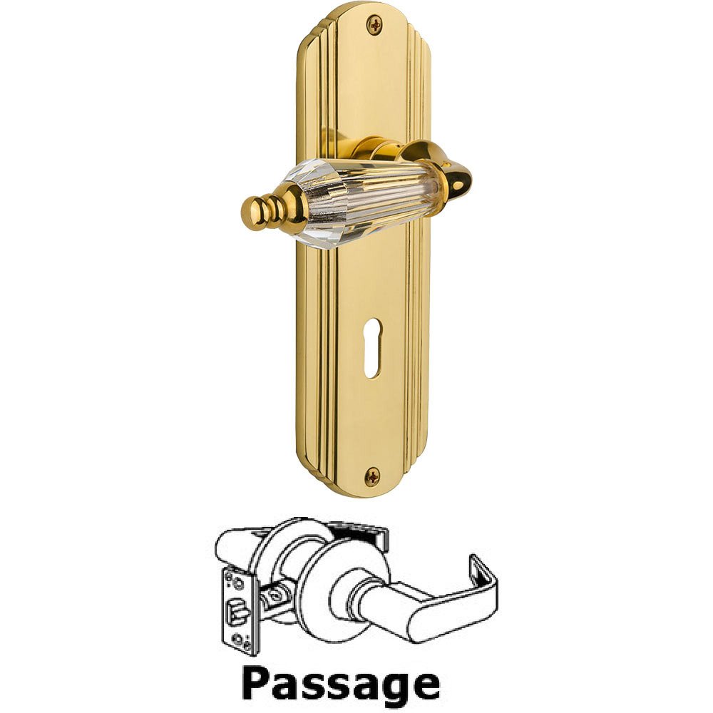 Full Passage Set With Keyhole - Deco Plate with Parlor Crystal Lever in Polished Brass