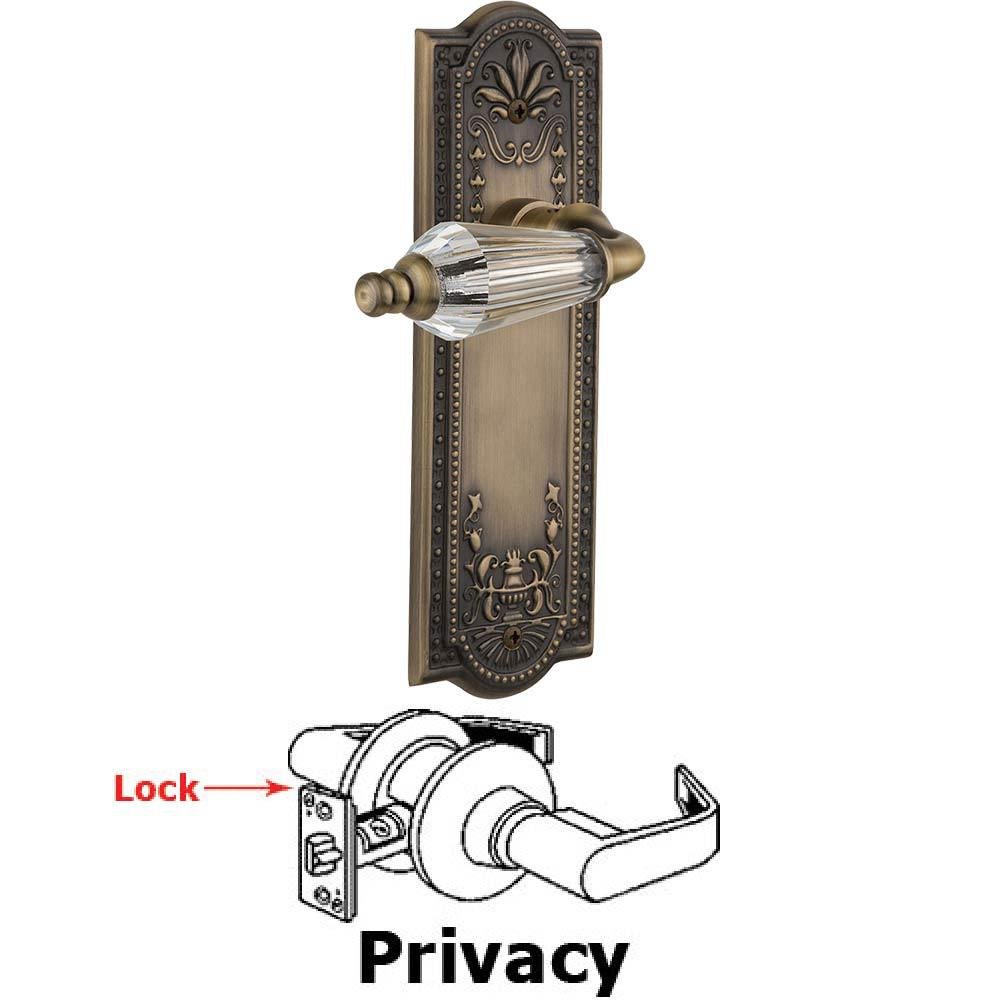 Complete Privacy Set Without Keyhole - Meadows Plate with Parlor Crystal Lever in Antique Brass
