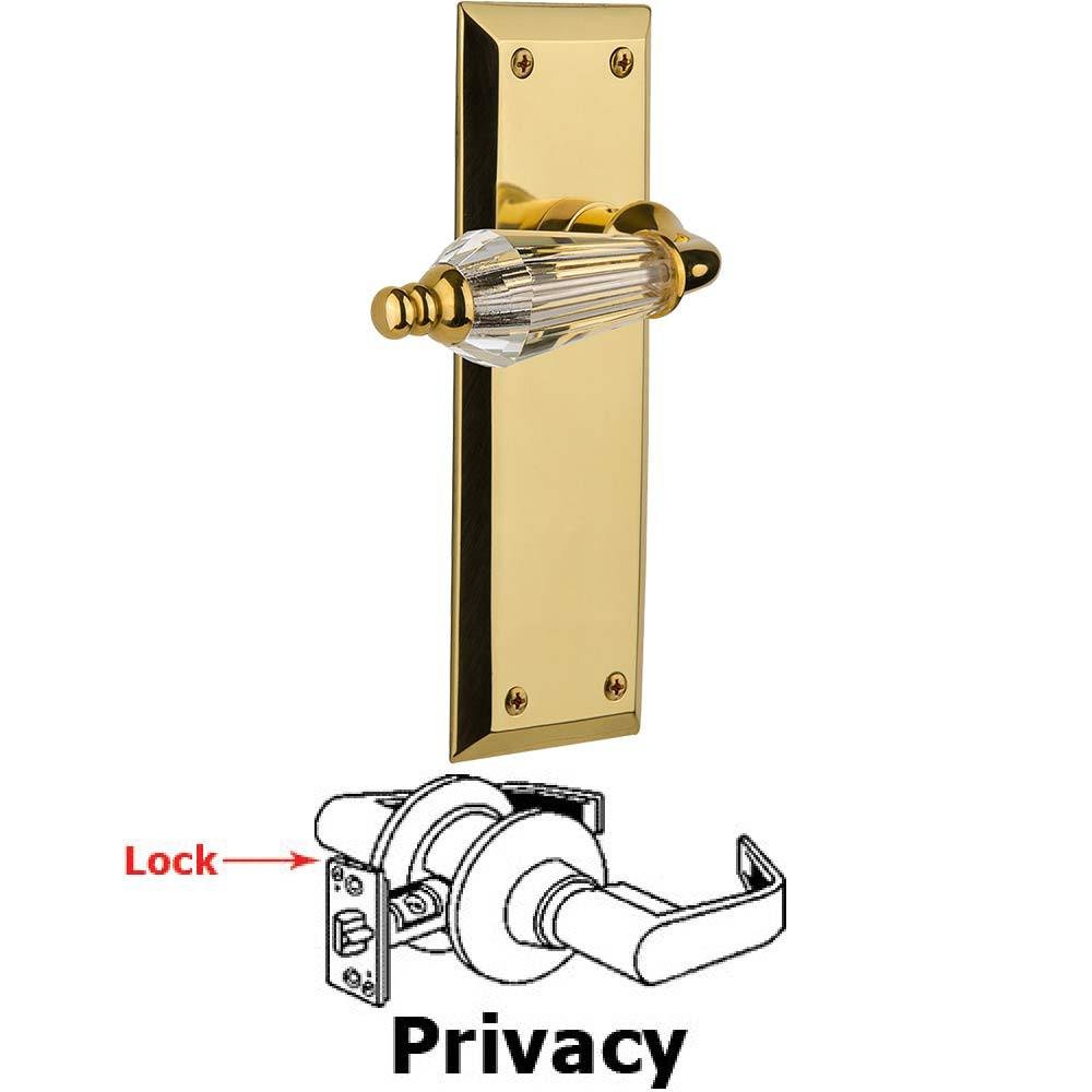 Complete Privacy Set Without Keyhole - New York Plate with Parlor Crystal Lever in Polished Brass