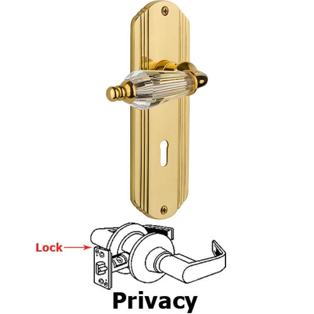 Complete Privacy Set With Keyhole - Deco Plate with Parlor Crystal Lever in Polished Brass