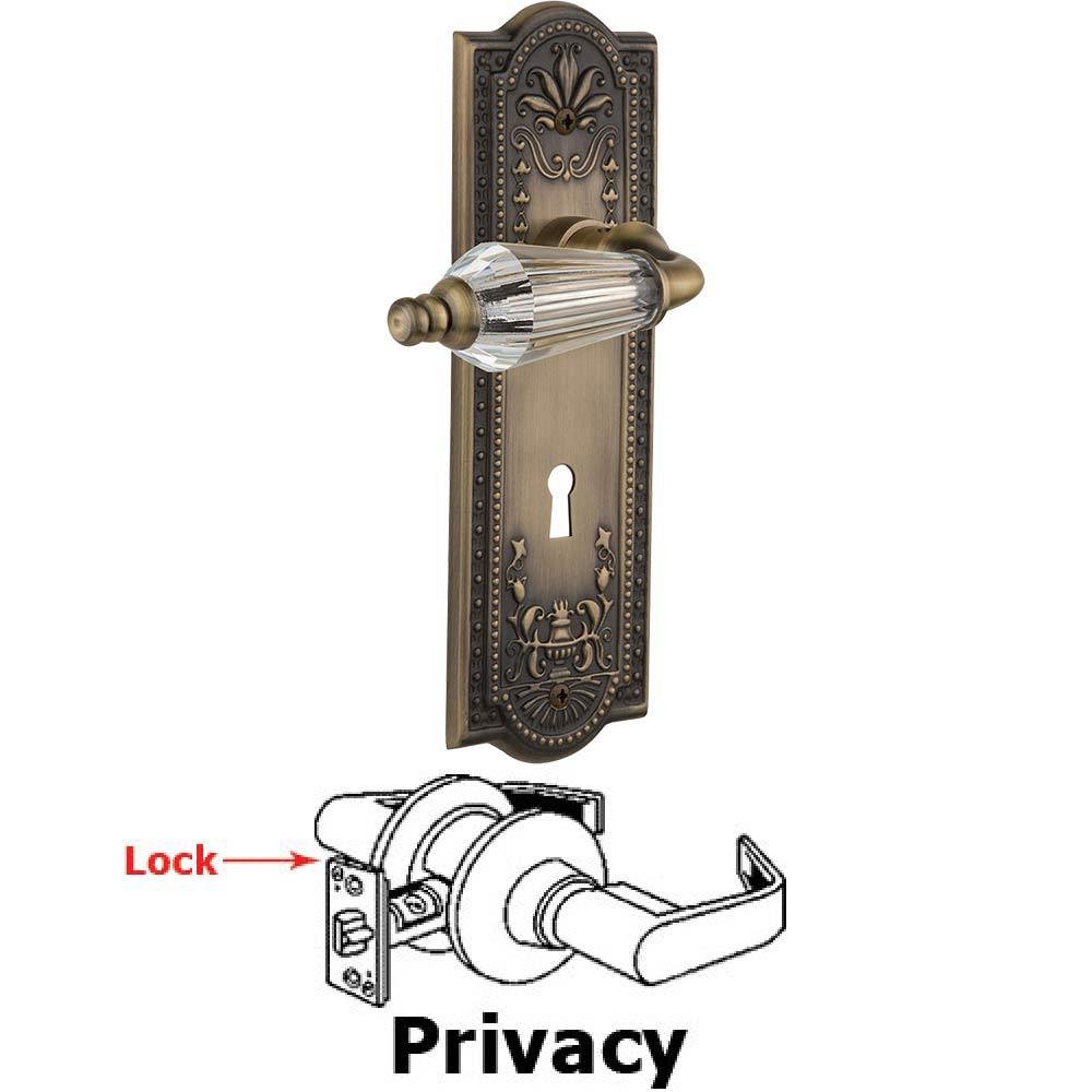 Complete Privacy Set With Keyhole - Meadows Plate with Parlor Crystal Lever in Antique Brass