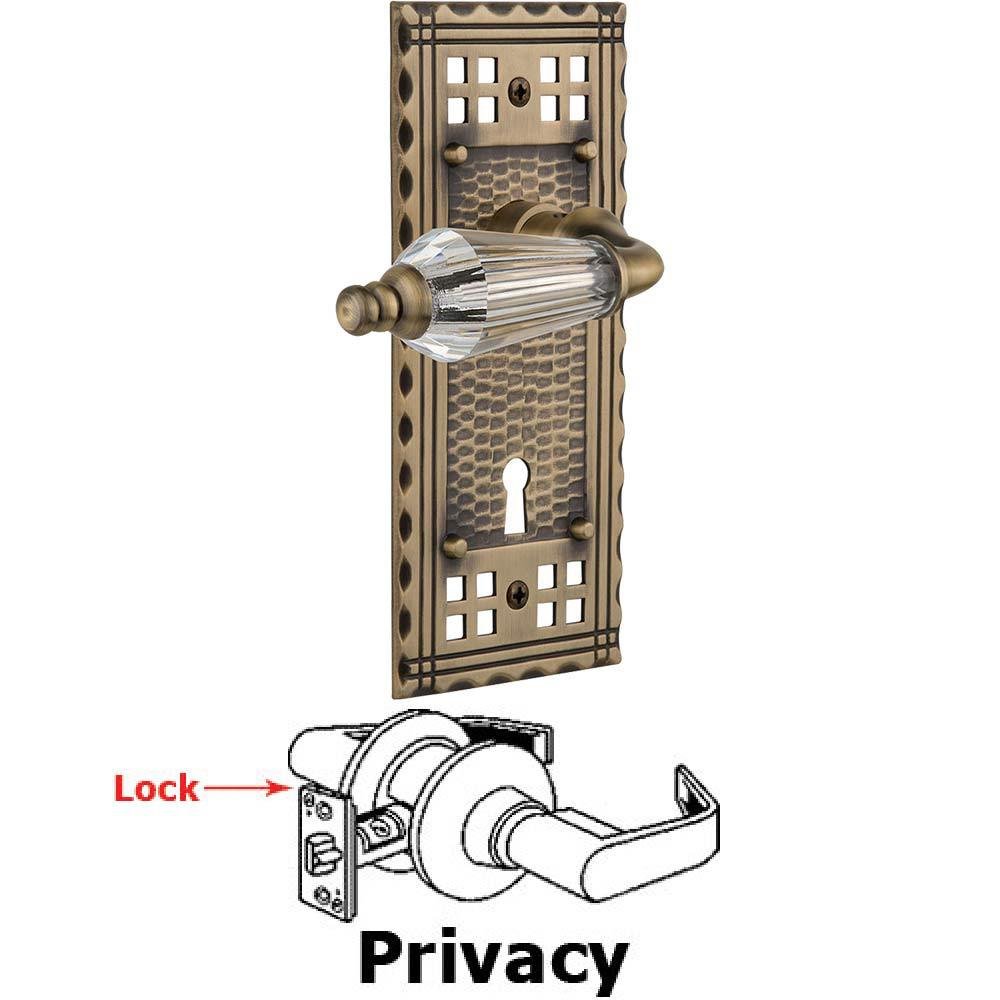 Complete Privacy Set With Keyhole - Craftsman Plate with Parlor Crystal Lever in Antique Brass
