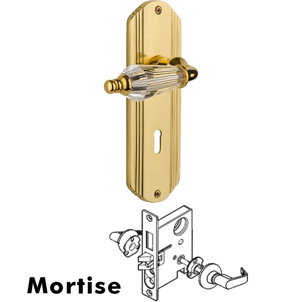 Complete Mortise Lockset - Deco Plate with Parlour Crystal Lever in Polished Brass
