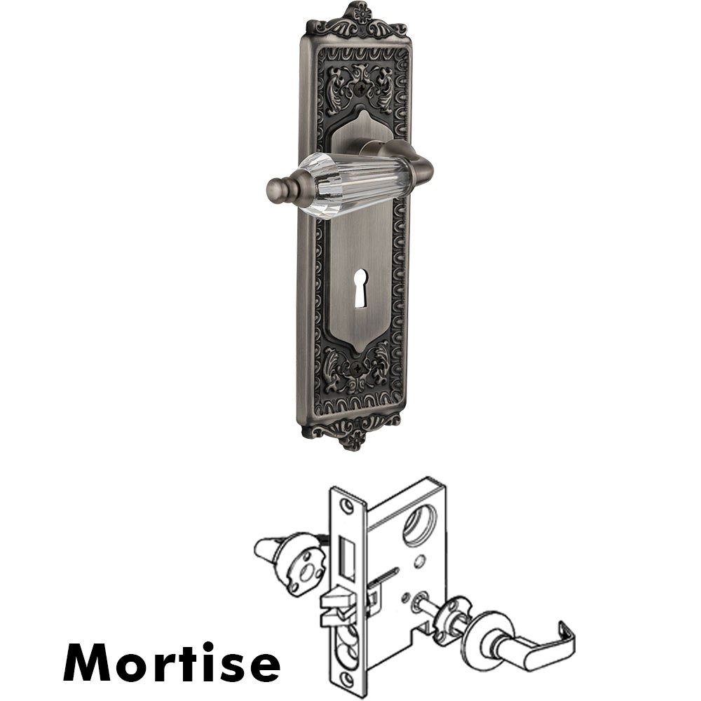 Complete Mortise Lockset - Egg & Dart Plate with Parlour Crystal Lever in Antique Pewter