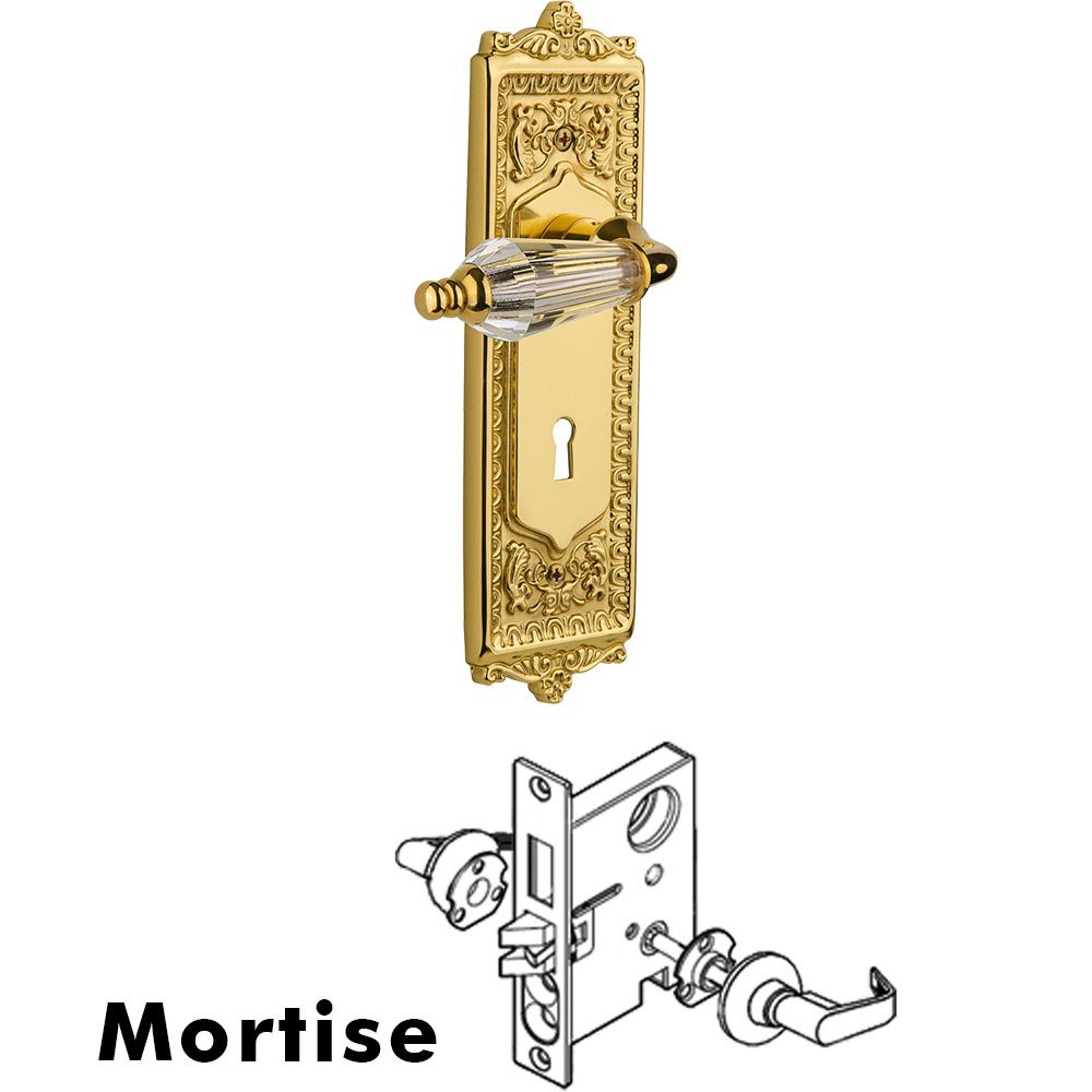 Complete Mortise Lockset - Egg & Dart Plate with Parlour Crystal Lever in Unlacquered Brass