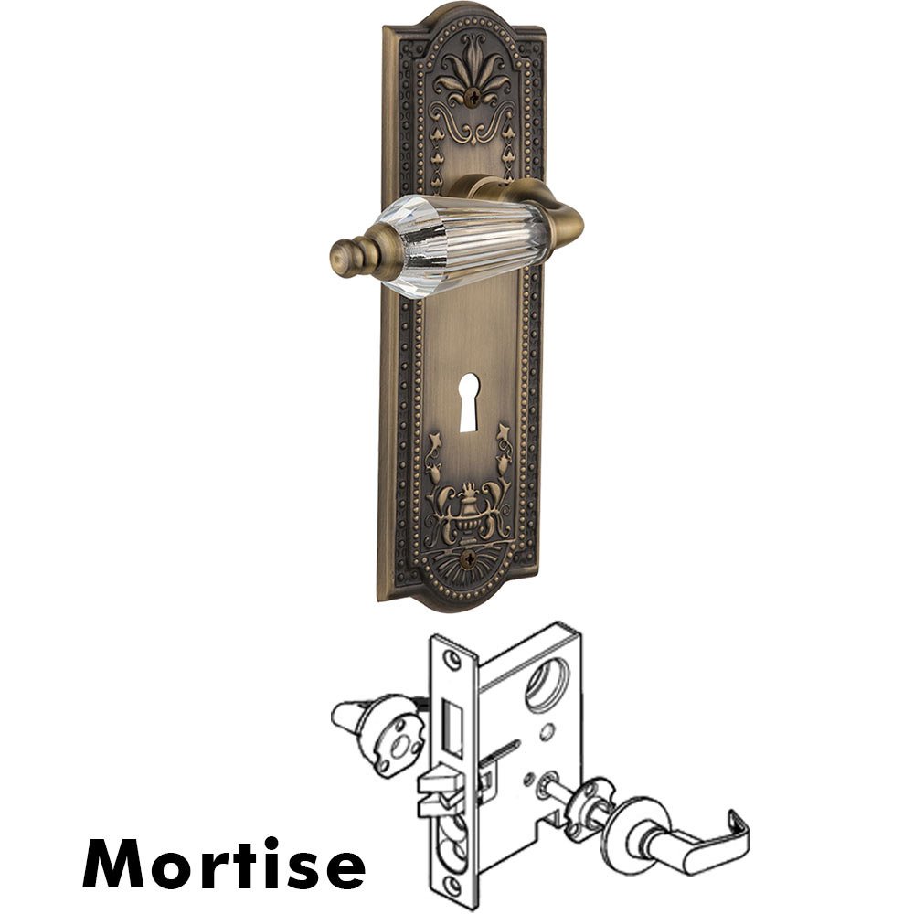 Complete Mortise Lockset - Meadows Plate with Parlour Crystal Lever in Antique Brass