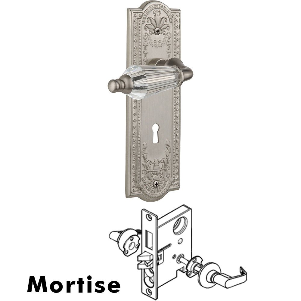 Complete Mortise Lockset - Meadows Plate with Parlour Crystal Lever in Satin Nickel