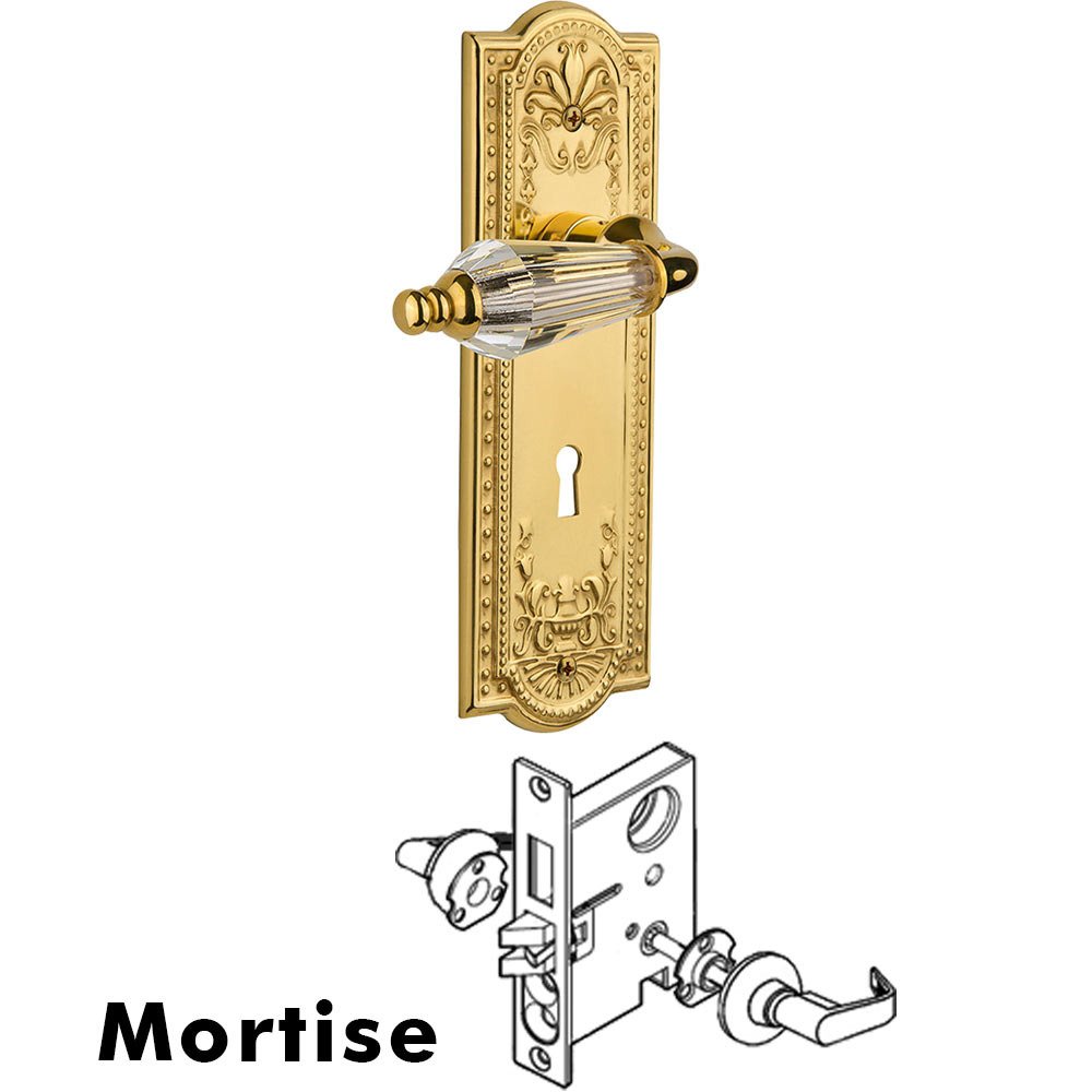 Complete Mortise Lockset - Meadows Plate with Parlour Crystal Lever in Unlacquered Brass
