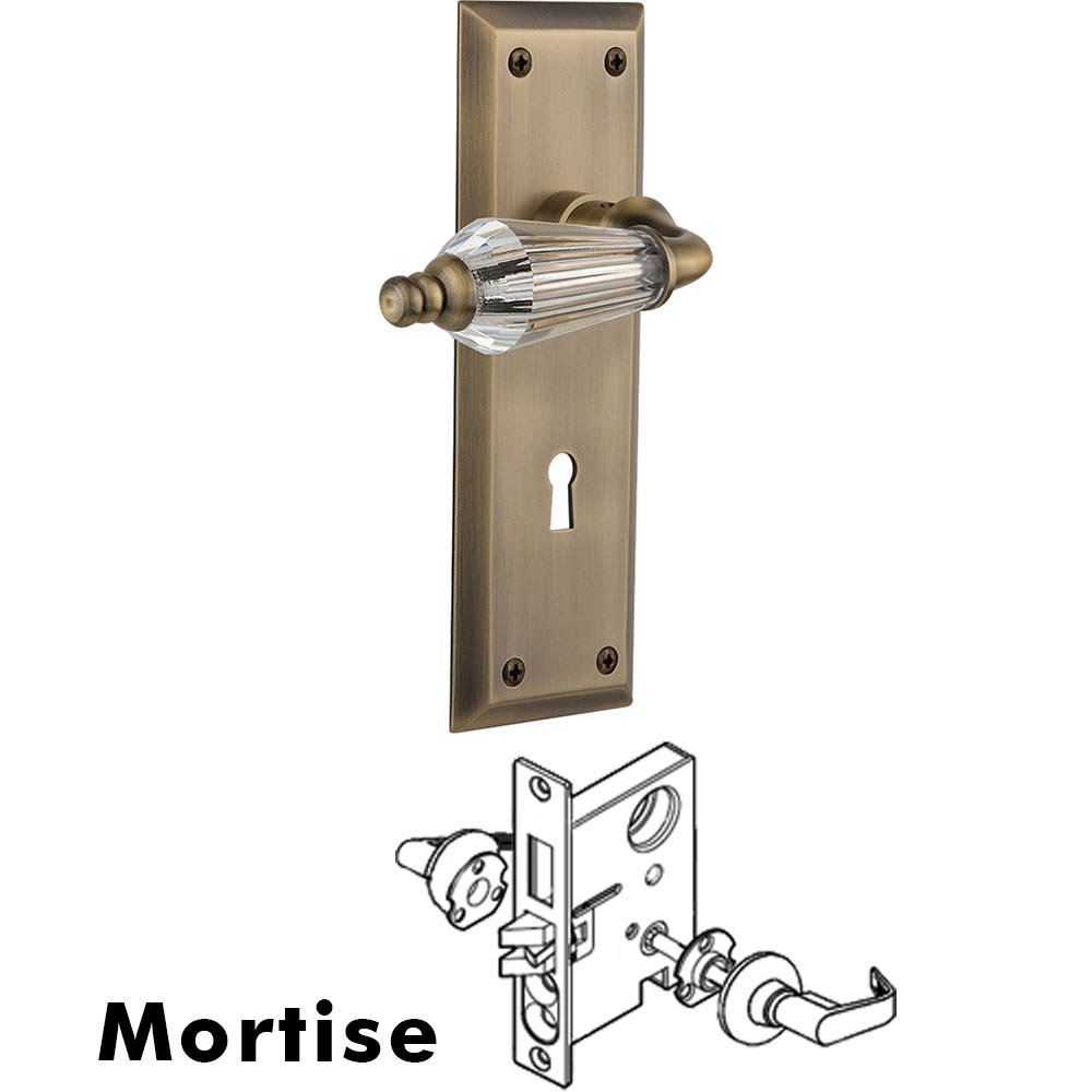 Complete Mortise Lockset - New York Plate with Parlour Crystal Lever in Antique Brass