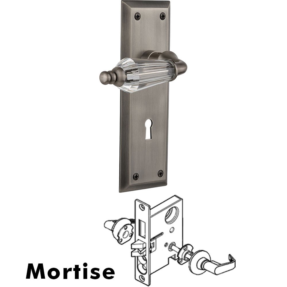 Complete Mortise Lockset - New York Plate with Parlour Crystal Lever in Antique Pewter