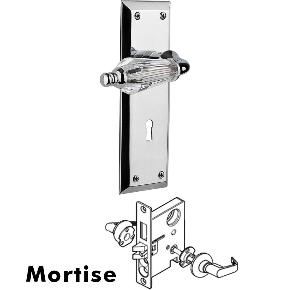 Complete Mortise Lockset - New York Plate with Parlour Crystal Lever in Bright Chrome
