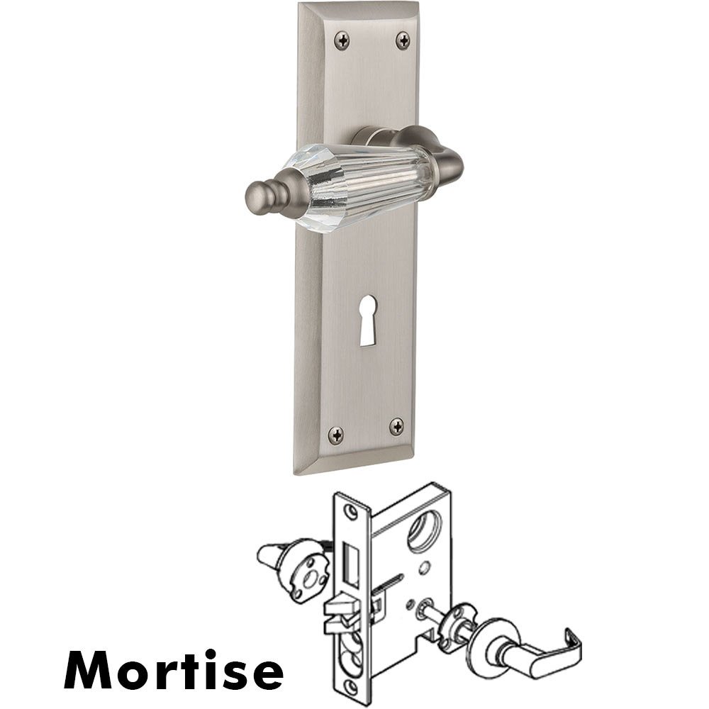Complete Mortise Lockset - New York Plate with Parlour Crystal Lever in Satin Nickel