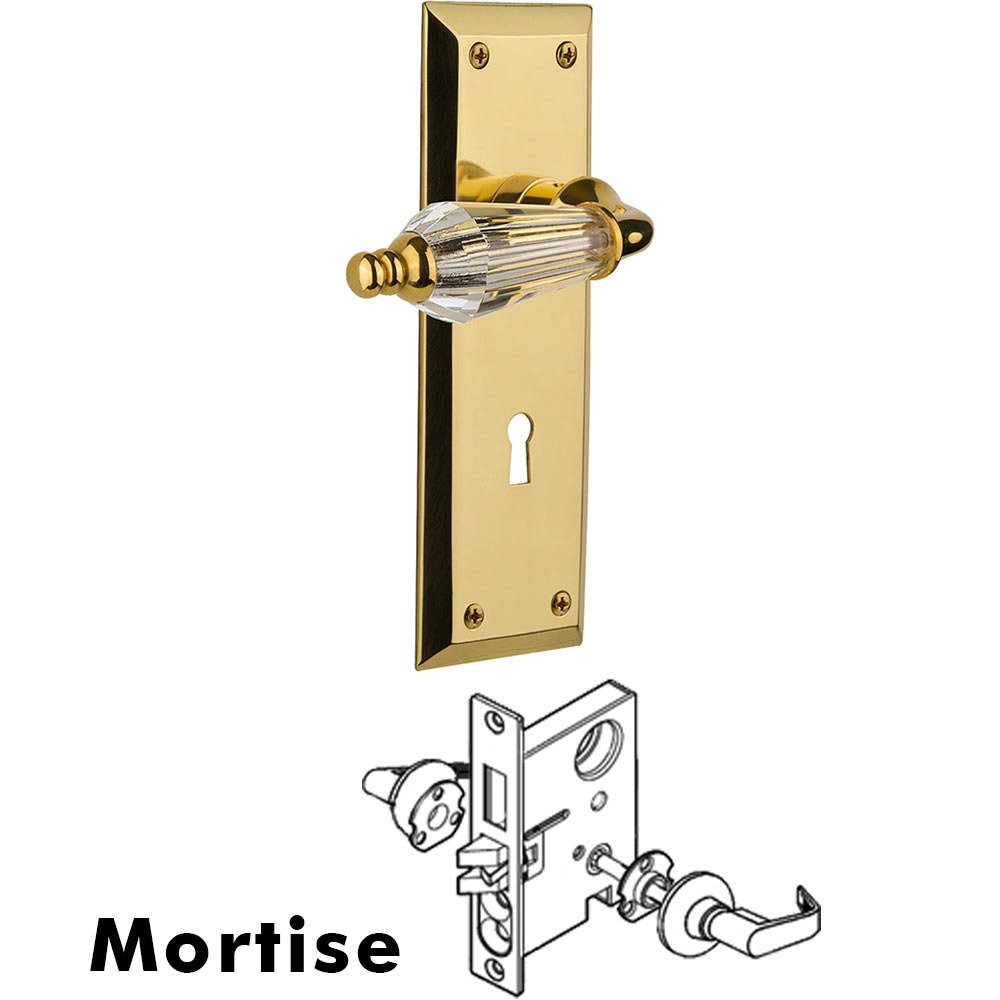Complete Mortise Lockset - New York Plate with Parlour Crystal Lever in Unlacquered Brass