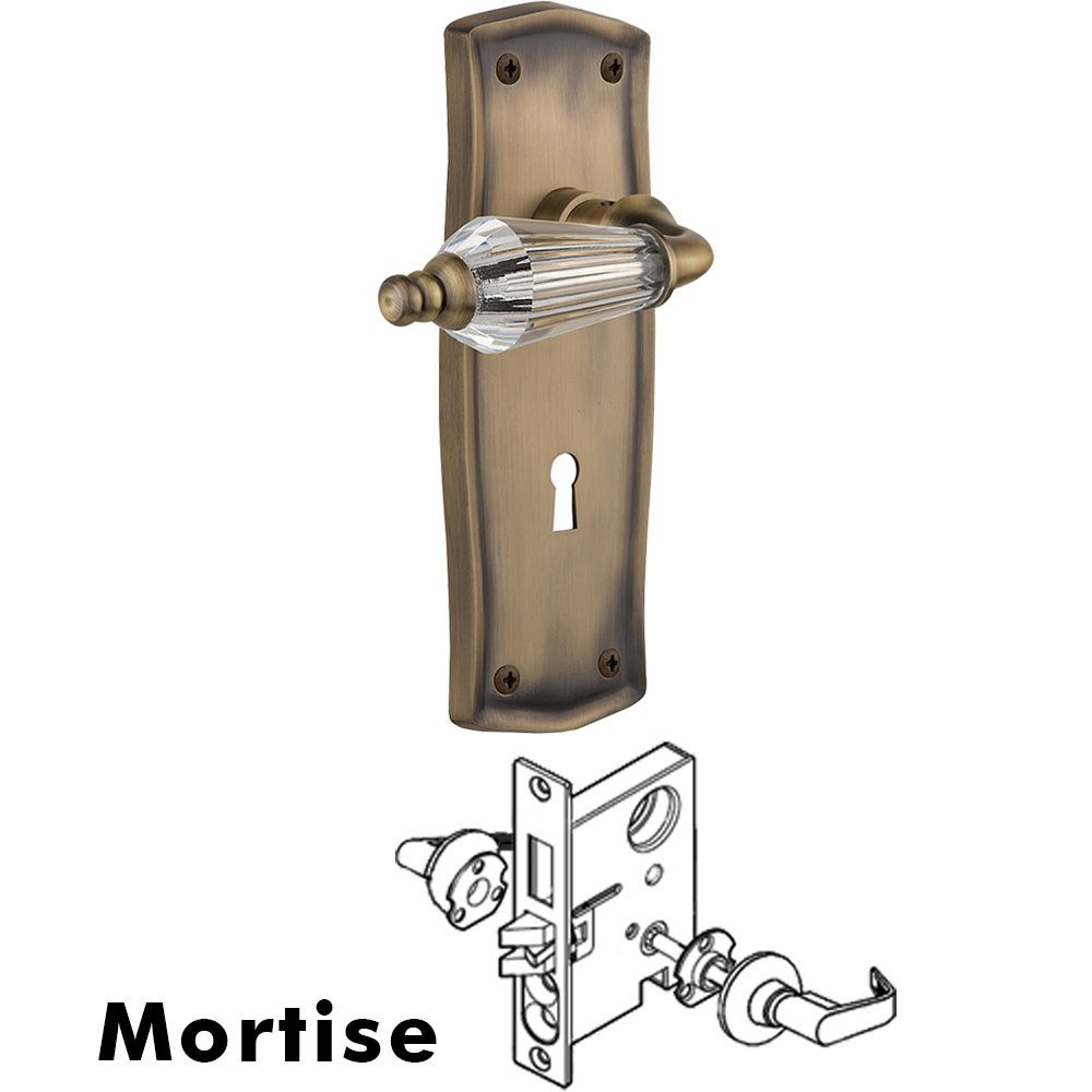 Complete Mortise Lockset - Prairie Plate with Parlour Crystal Lever in Antique Brass