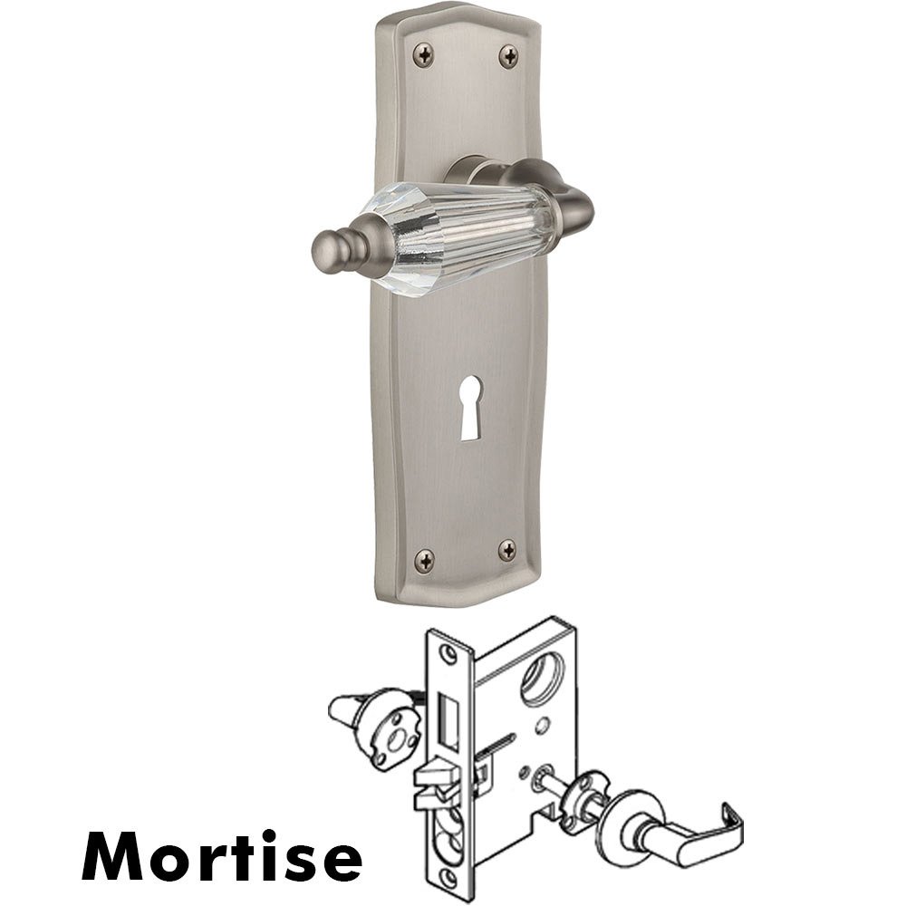 Complete Mortise Lockset - Prairie Plate with Parlour Crystal Lever in Satin Nickel