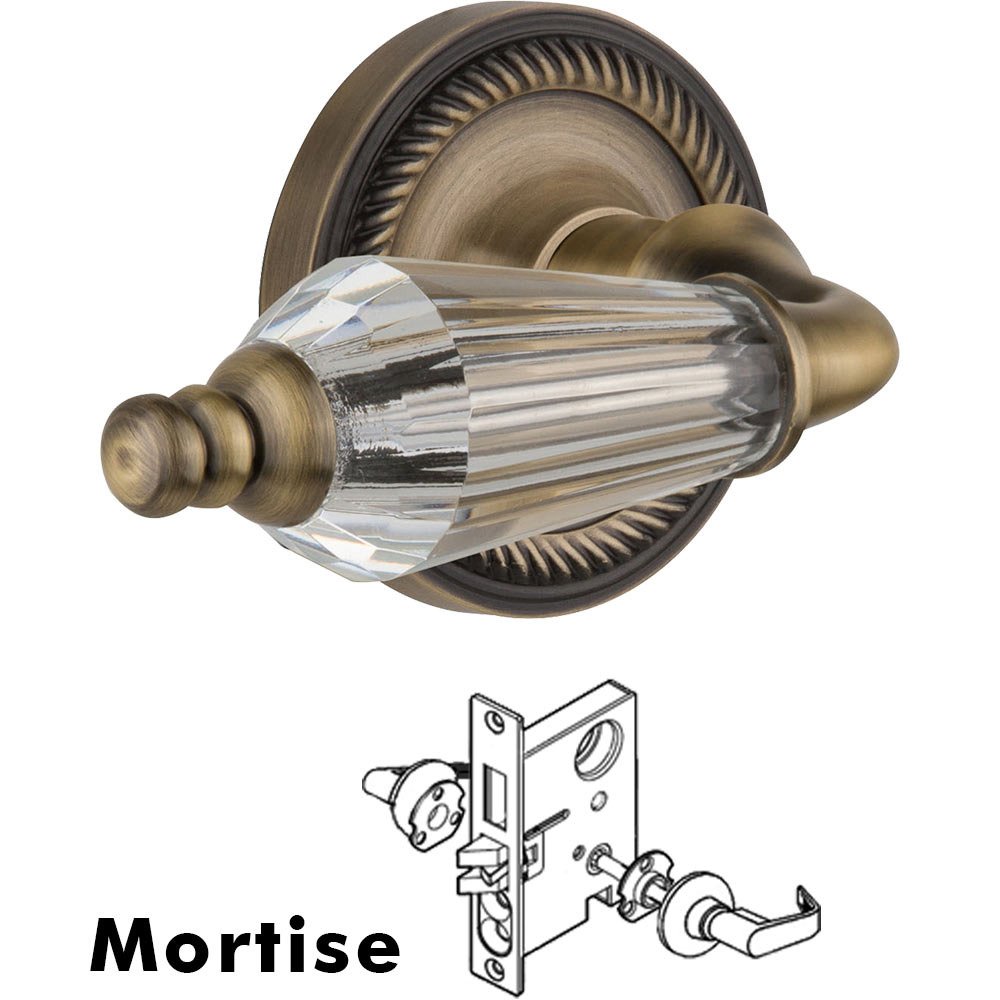 Complete Mortise Lockset - Rope Rosette with Parlour Crystal Lever in Antique Brass